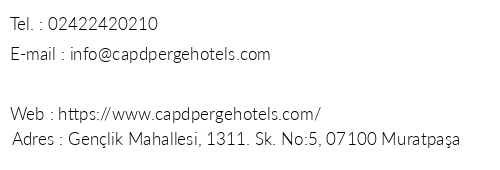 Cap D'perge Hotels telefon numaralar, faks, e-mail, posta adresi ve iletiim bilgileri